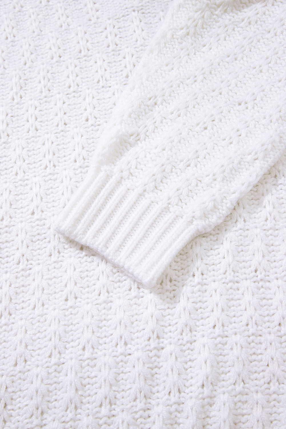 White Textured Knit Ribbed Edge V Neck Loose Sweater view 14