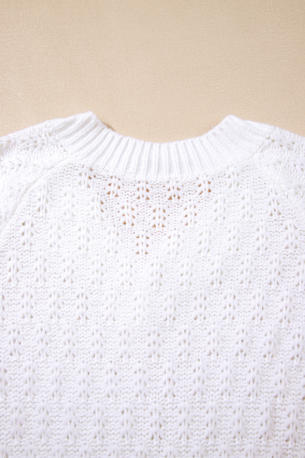 White Textured Knit Ribbed Edge V Neck Loose Sweater view 15