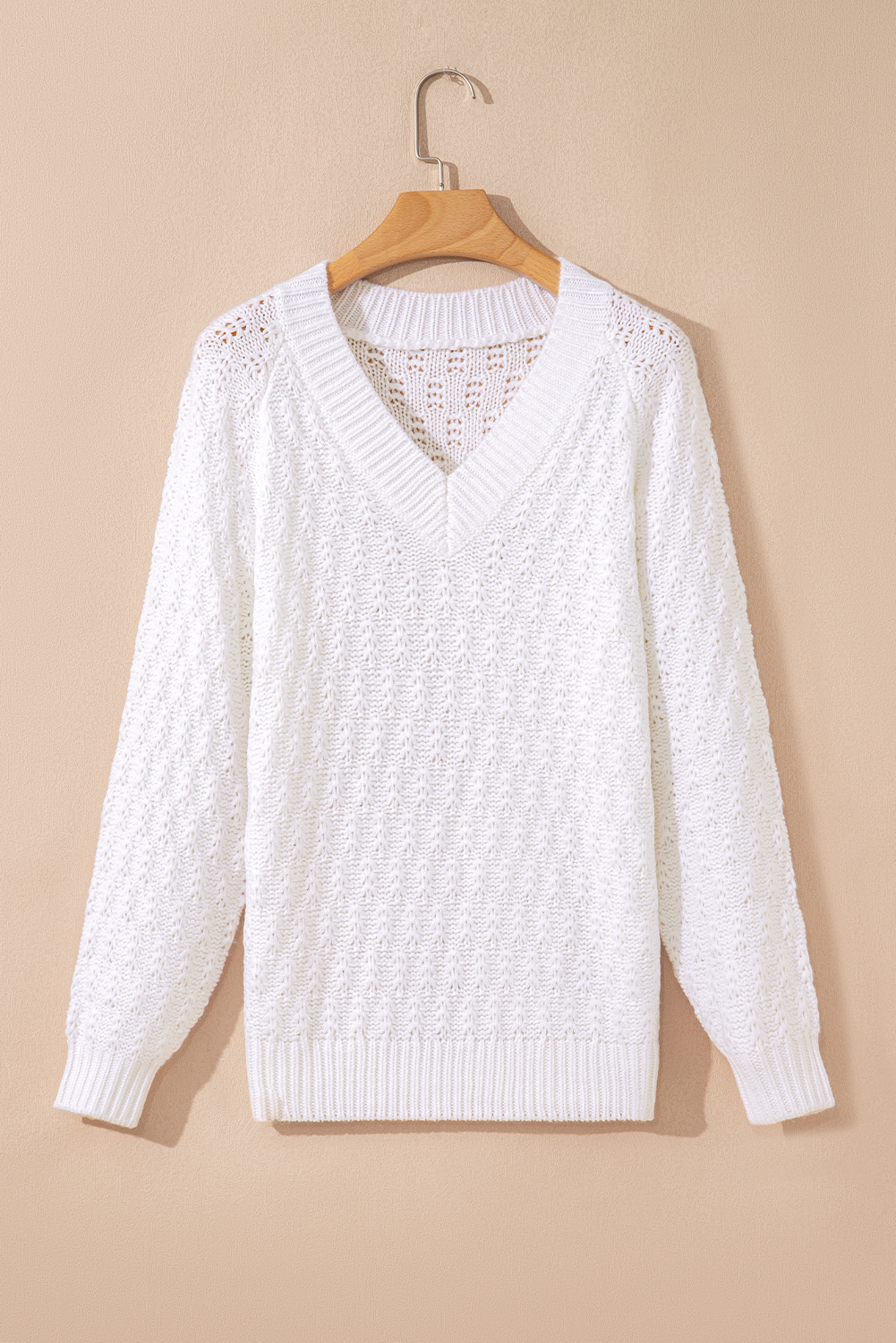 White Textured Knit Ribbed Edge V Neck Loose Sweater view 11