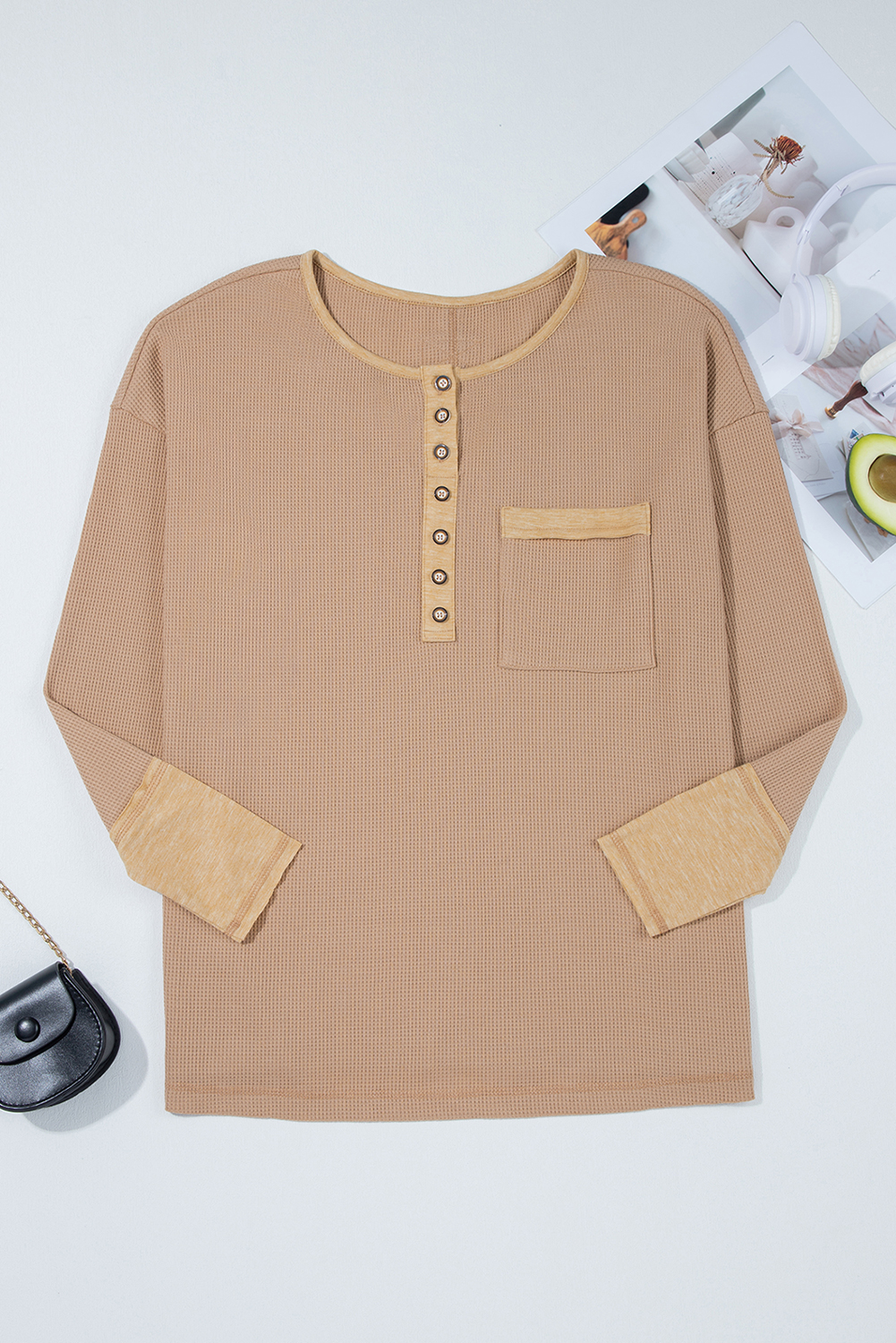 Dark Khaki Color Block Waffle Textured Tunic Henley Top with Slits view 12