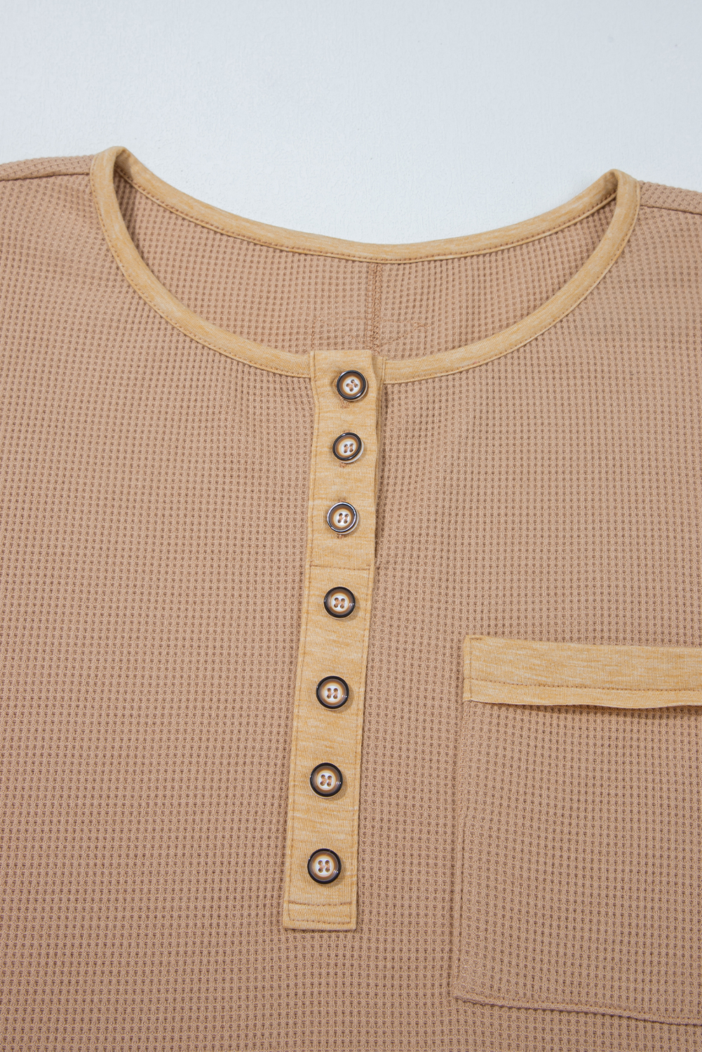 Dark Khaki Color Block Waffle Textured Tunic Henley Top with Slits view 16