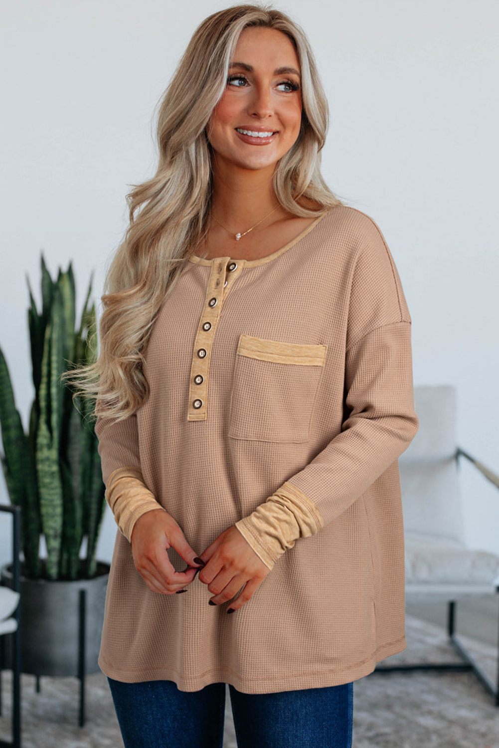 Dark Khaki Color Block Waffle Textured Tunic Henley Top with Slits view 11