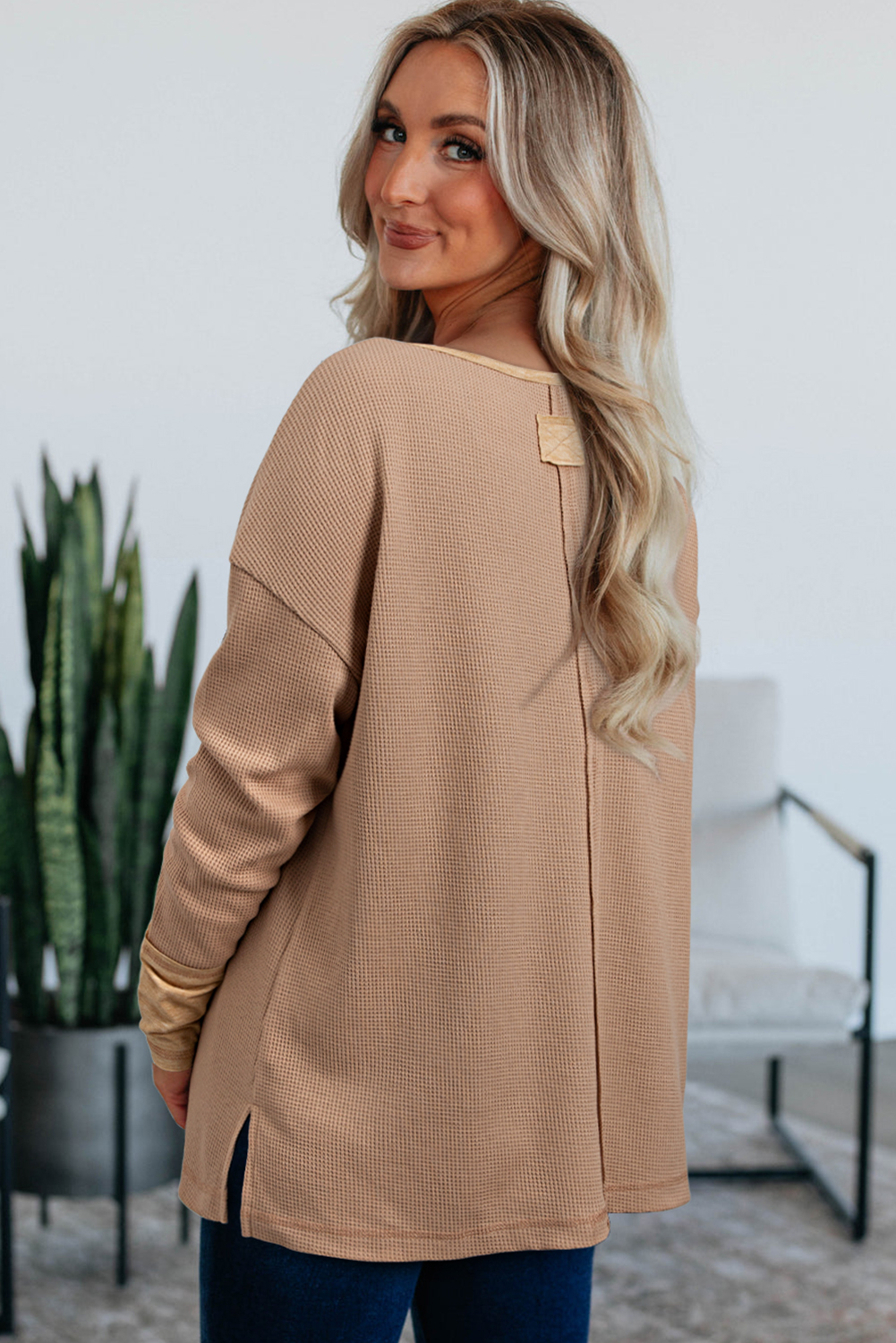 Dark Khaki Color Block Waffle Textured Tunic Henley Top with Slits view 10