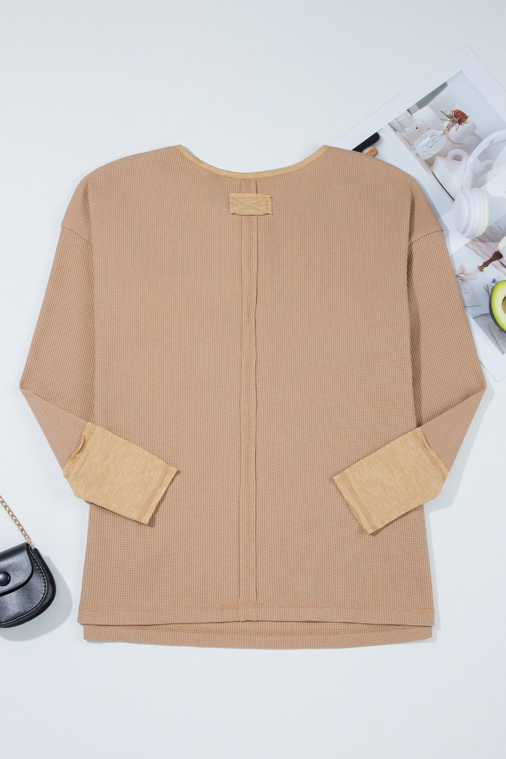 Dark Khaki Color Block Waffle Textured Tunic Henley Top with Slits view 13