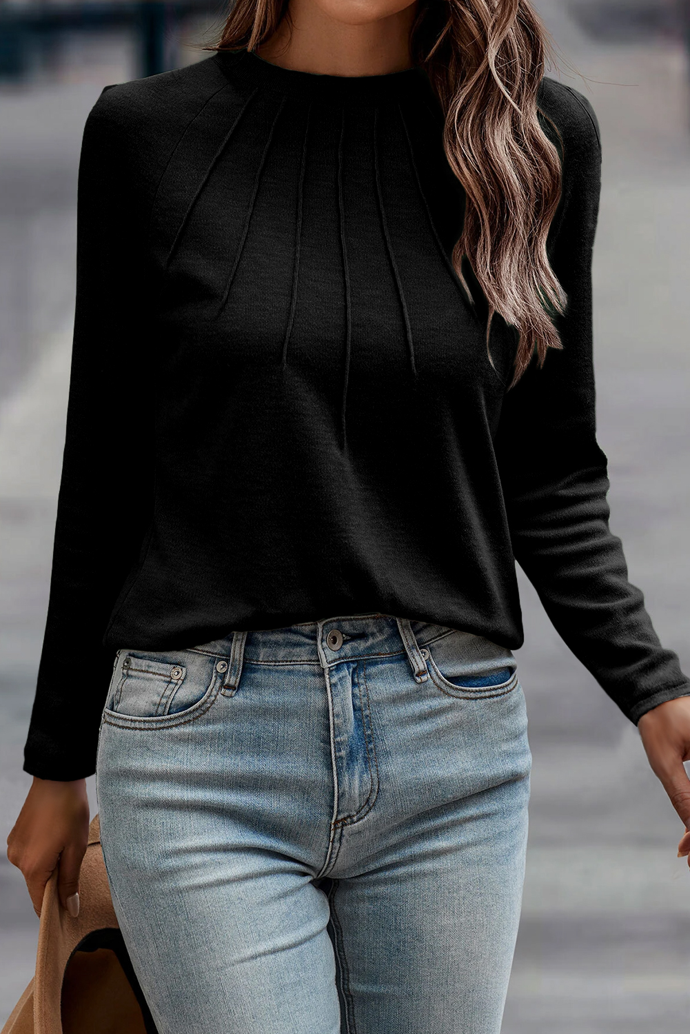 Black Solid Color Seam Detail Raglan Long Sleeve Top view 3