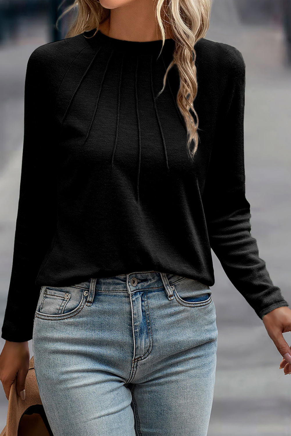Black Solid Color Seam Detail Raglan Long Sleeve Top view 4