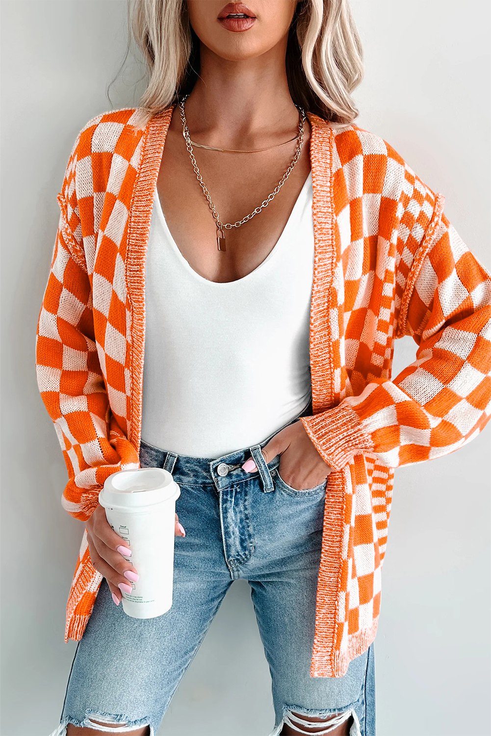 Orange Checkered Open Front Drop Shoulder Cardigan view 9
