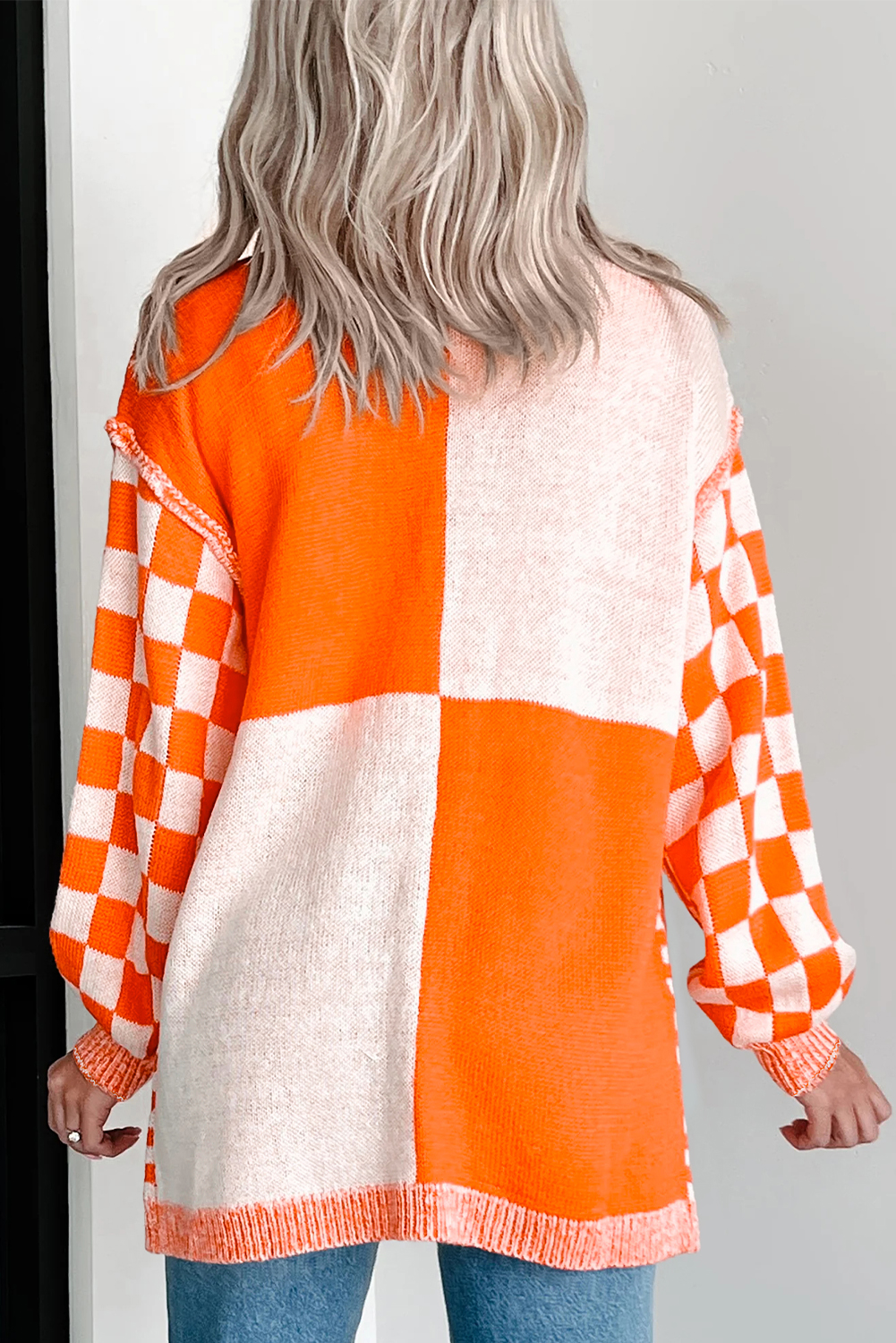 Orange Checkered Open Front Drop Shoulder Cardigan view 10