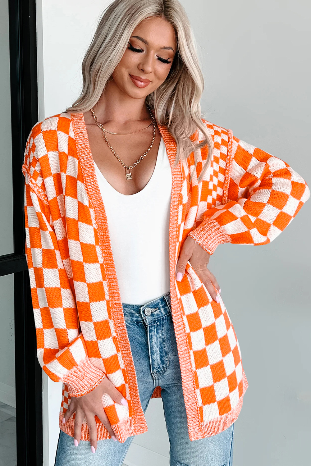 Orange Checkered Open Front Drop Shoulder Cardigan view 11