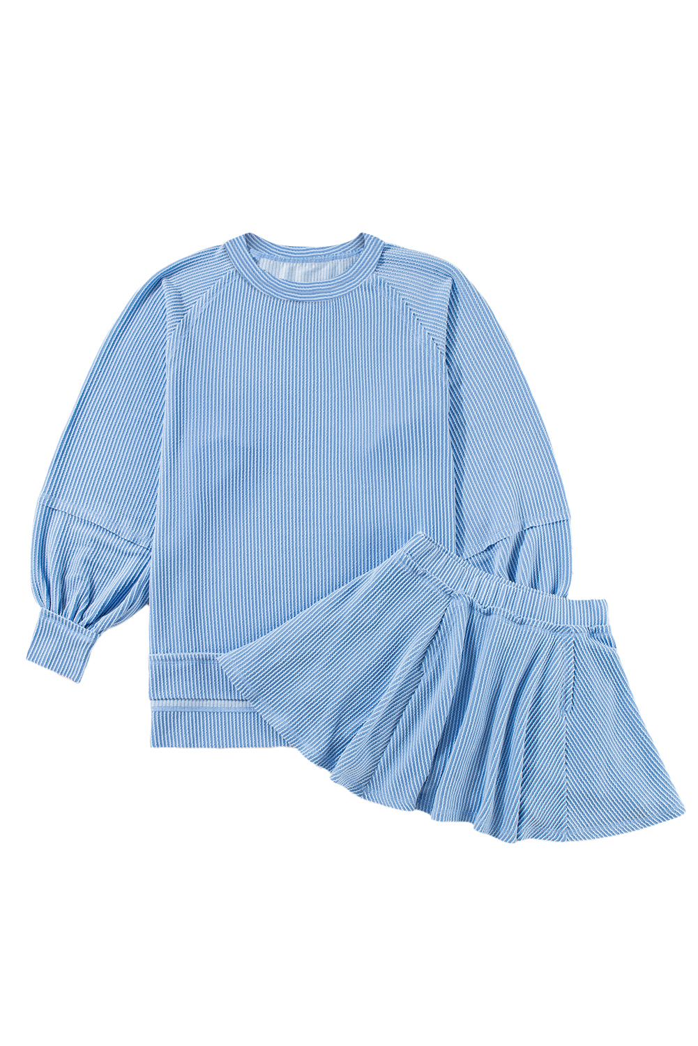 Sky Blue Corded Lantern Sleeve Top High Waist Ruffled Mini Skort Set