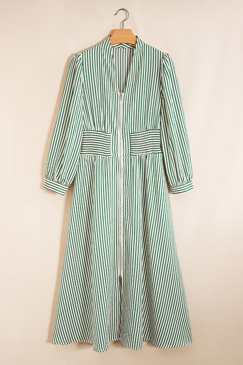Green Stripe V Neck Zip Front Cinched High Waist Midi Dress view 8