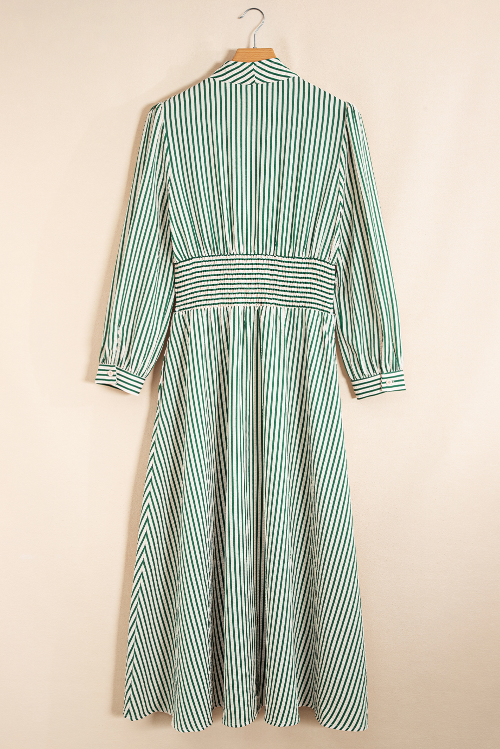 Green Stripe V Neck Zip Front Cinched High Waist Midi Dress view 9