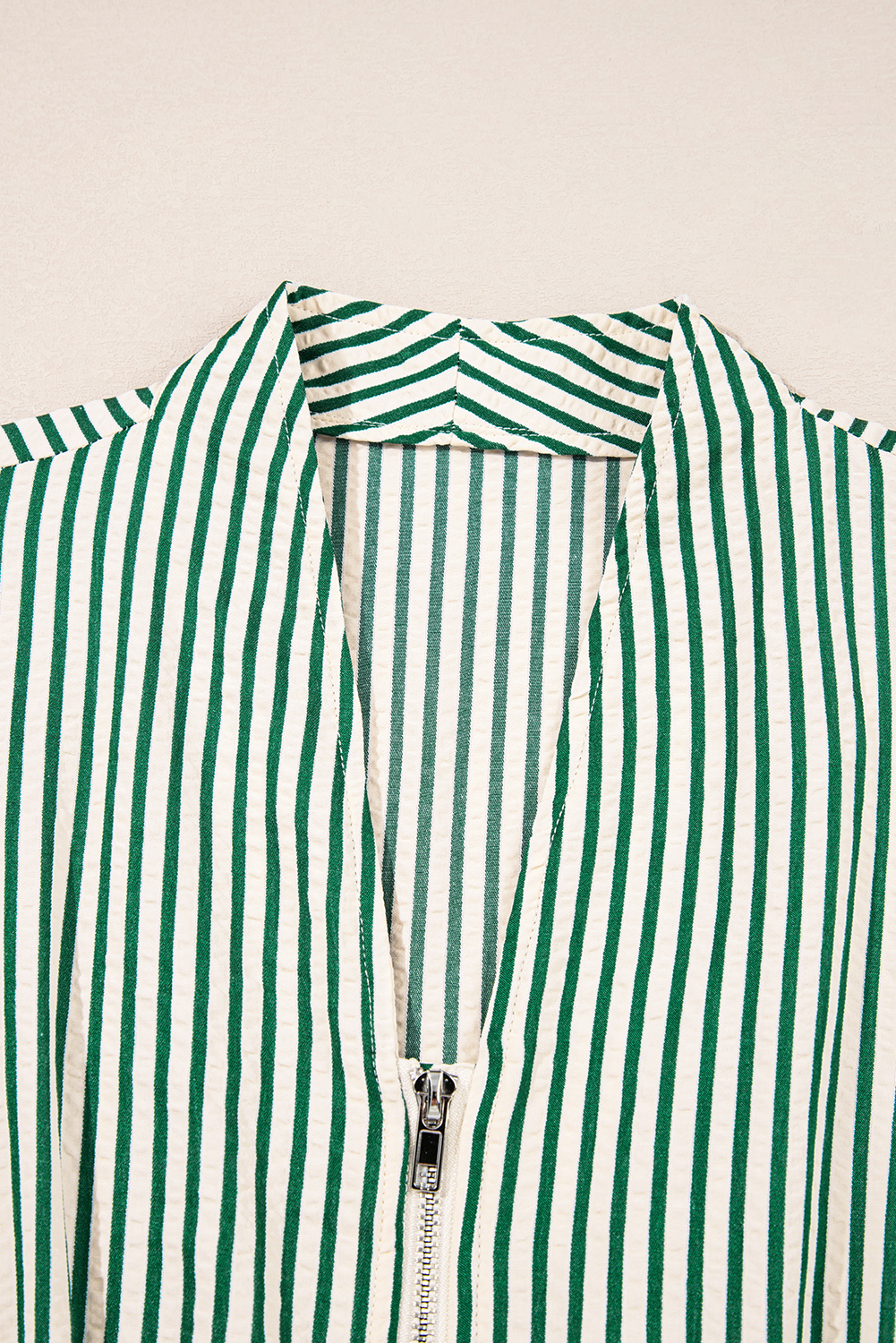 Green Stripe V Neck Zip Front Cinched High Waist Midi Dress view 14