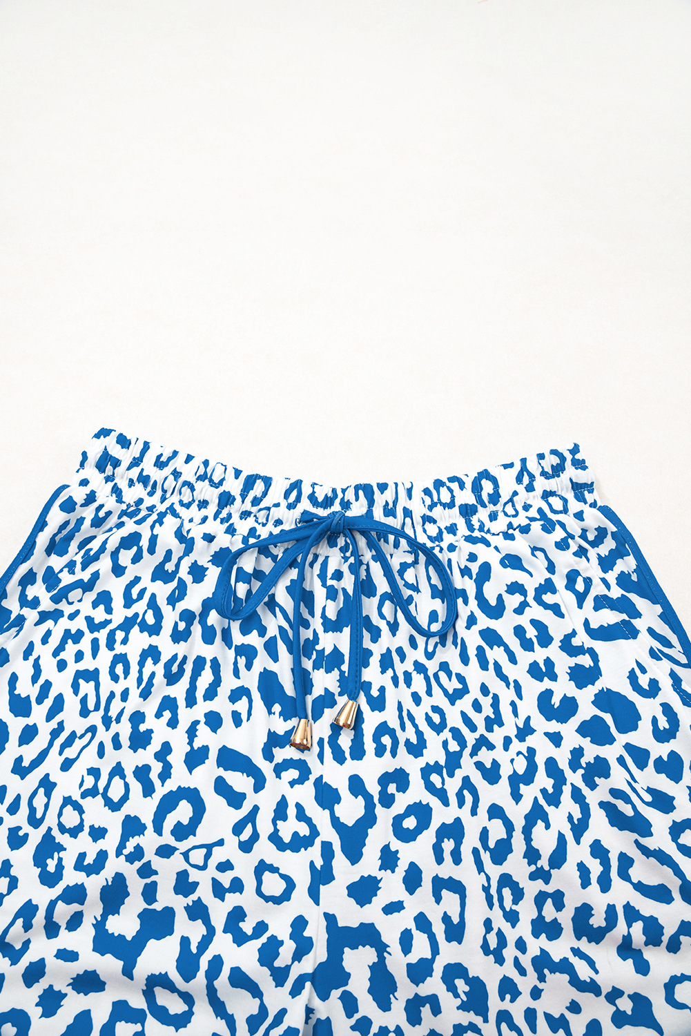 Blue Leopard Elastic Waistband Lace up Contrast Trim Casual Shorts