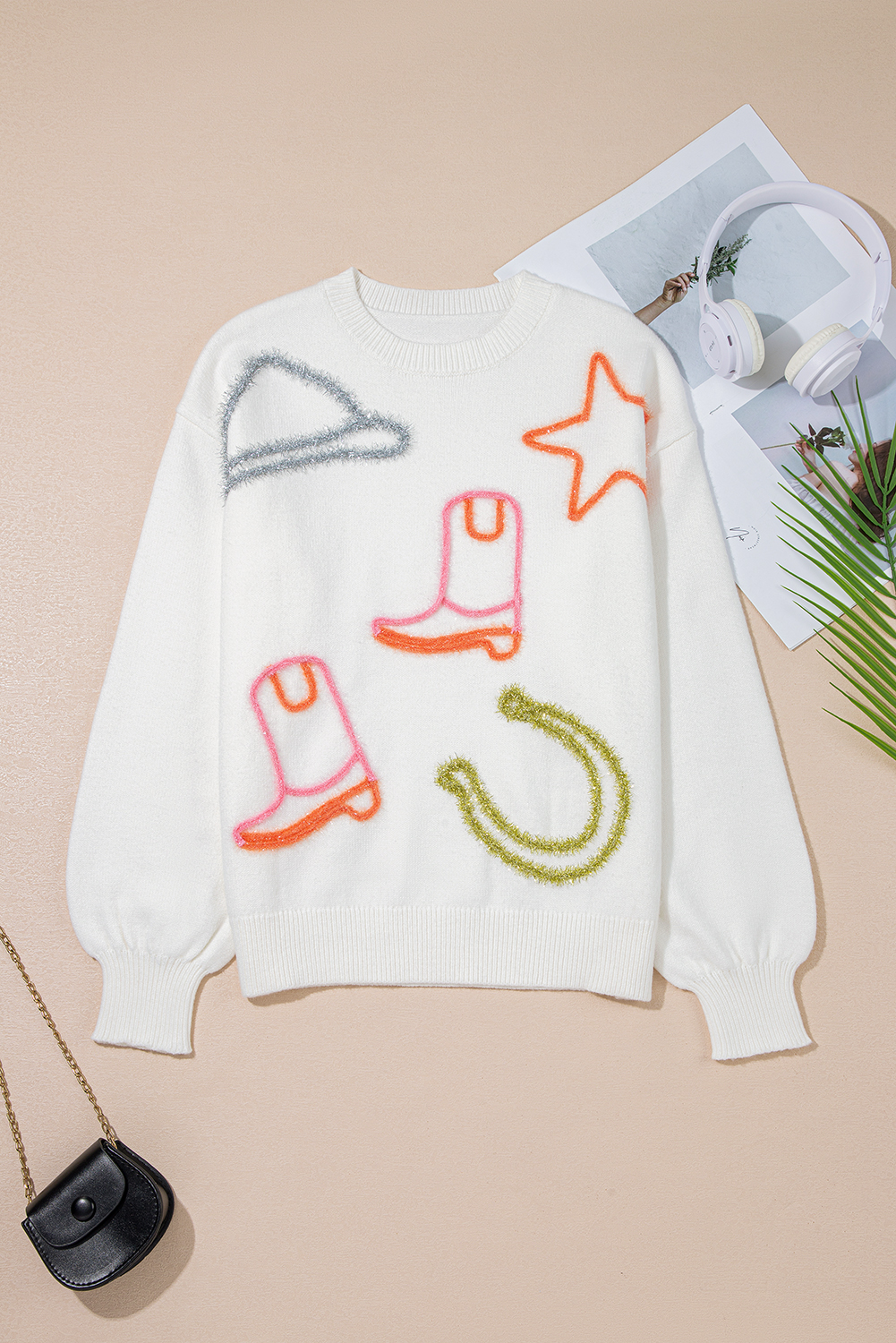 White Tinsel Western Boots Horseshoe Star Knit Crew Neck Sweater view 12