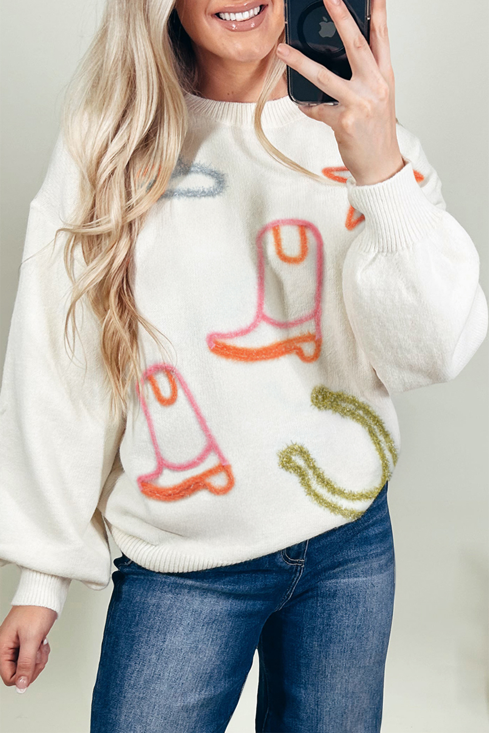 White Tinsel Western Boots Horseshoe Star Knit Crew Neck Sweater view 9