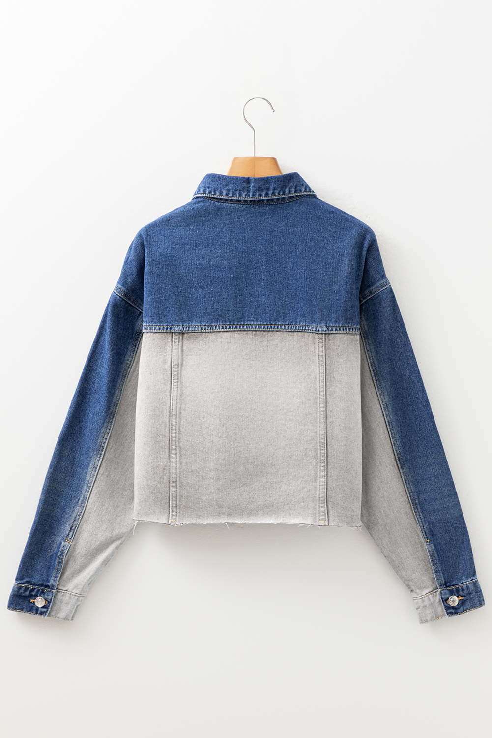 Dusk Blue Color Block Patchwork Flap Detail Distress Denim Jacket view 10