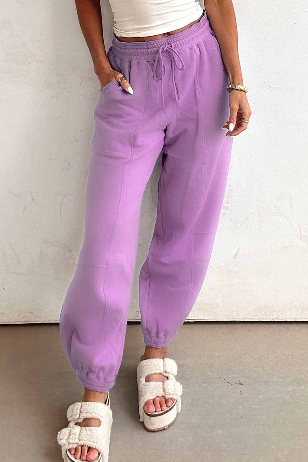 Lilac Drawstring Elastic Waistband Solid Color Jogger Pants view 8