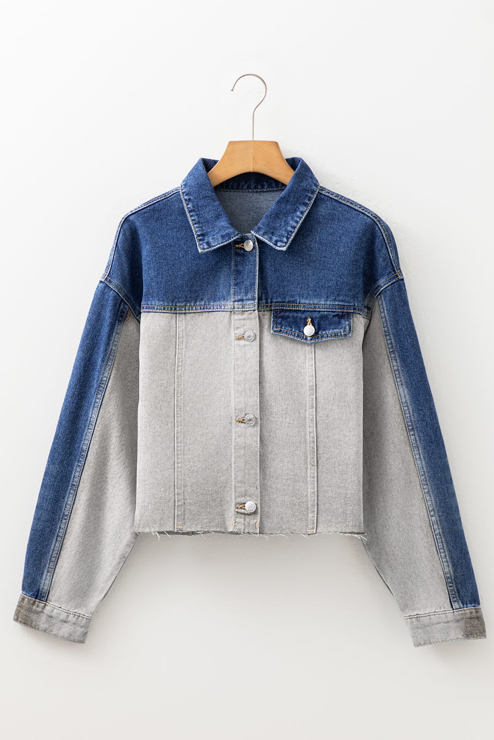 Dusk Blue Color Block Patchwork Flap Detail Distress Denim Jacket view 9