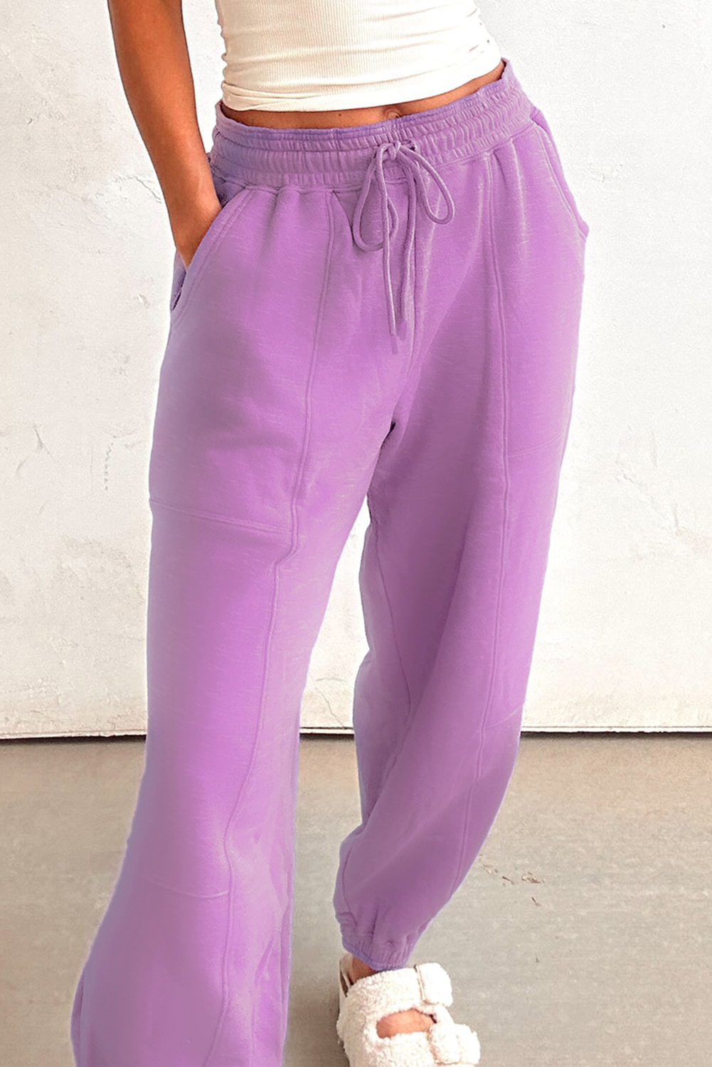 Lilac Drawstring Elastic Waistband Solid Color Jogger Pants view 10