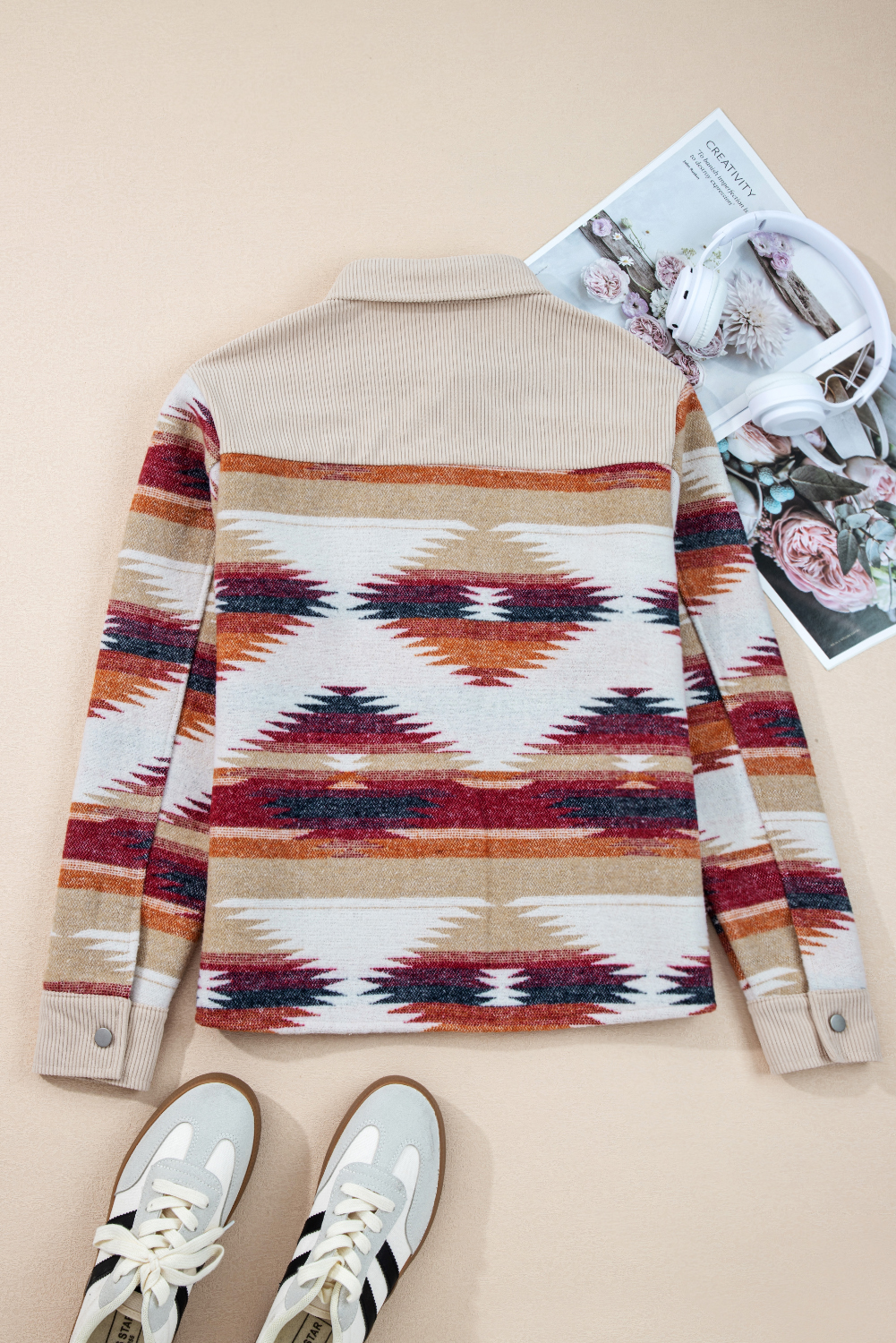 Multicolour Western Aztec Ribbed Patchwork Double Flap Pocket Raw Hem Shacket view 13