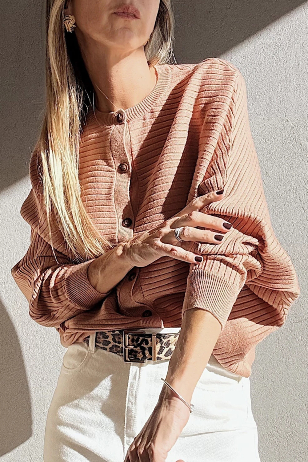 Apricot Pink Wide Rib Knit Button Front Dolman Sleeve Sweater Cardigan view 12