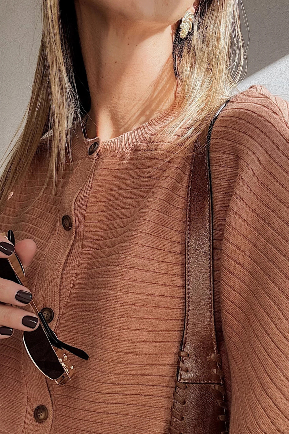 Apricot Pink Wide Rib Knit Button Front Dolman Sleeve Sweater Cardigan view 11
