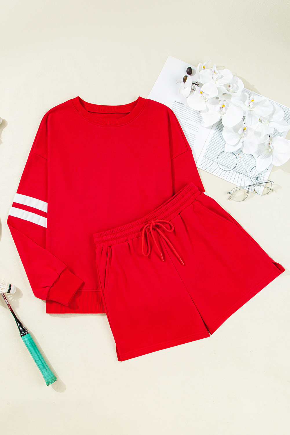Fiery Red Varsity Striped Sleeve Drop Shoulder Sweatshirt and Short Set view 9