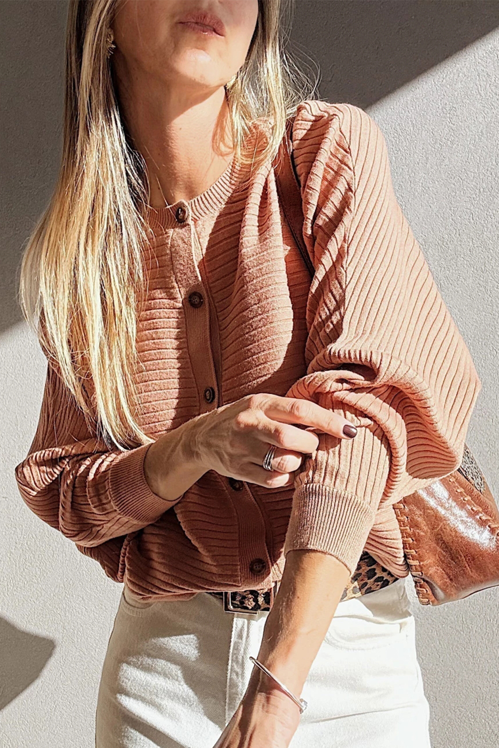 Apricot Pink Wide Rib Knit Button Front Dolman Sleeve Sweater Cardigan view 8