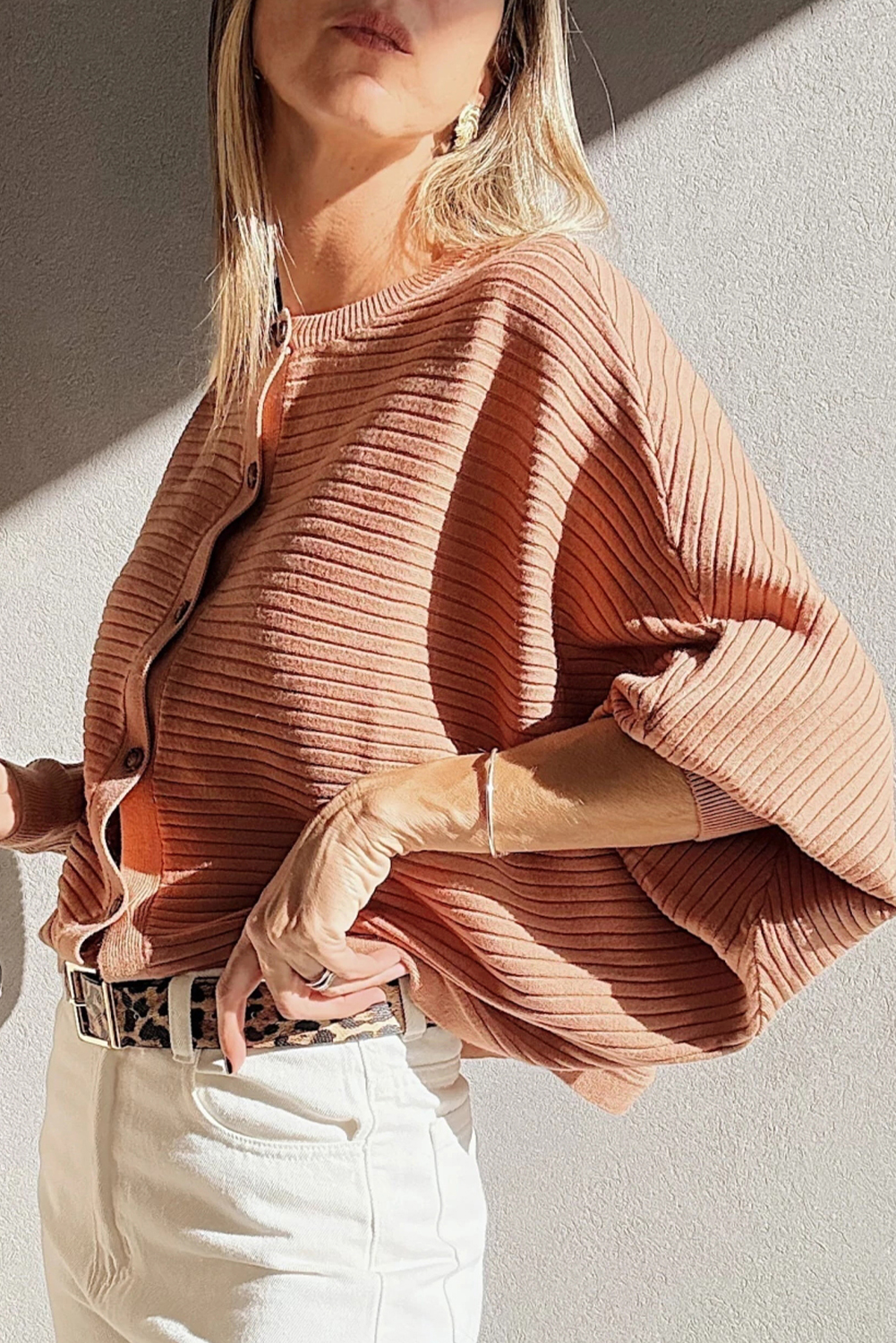 Apricot Pink Wide Rib Knit Button Front Dolman Sleeve Sweater Cardigan view 10