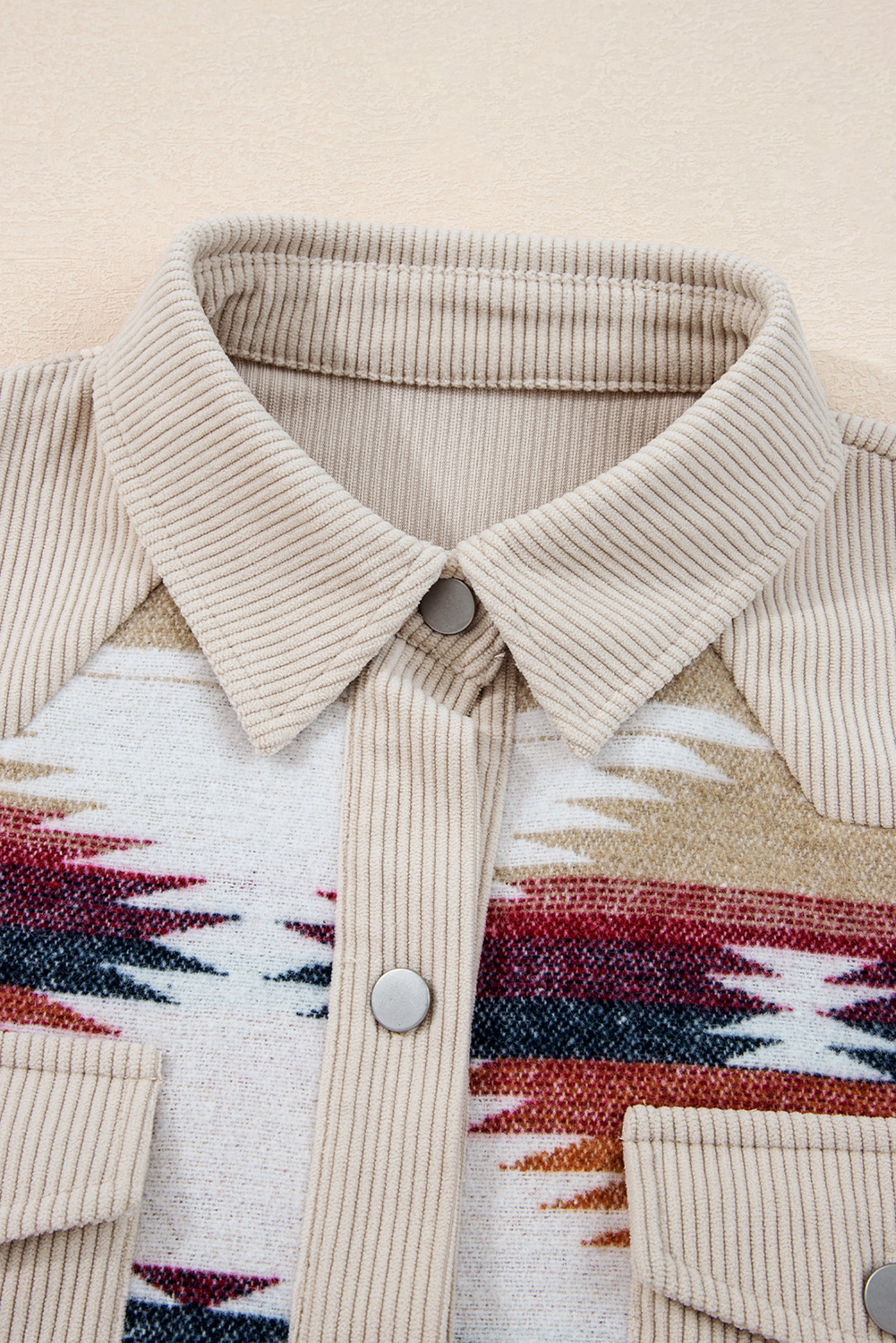 Multicolour Western Aztec Ribbed Patchwork Double Flap Pocket Raw Hem Shacket view 14