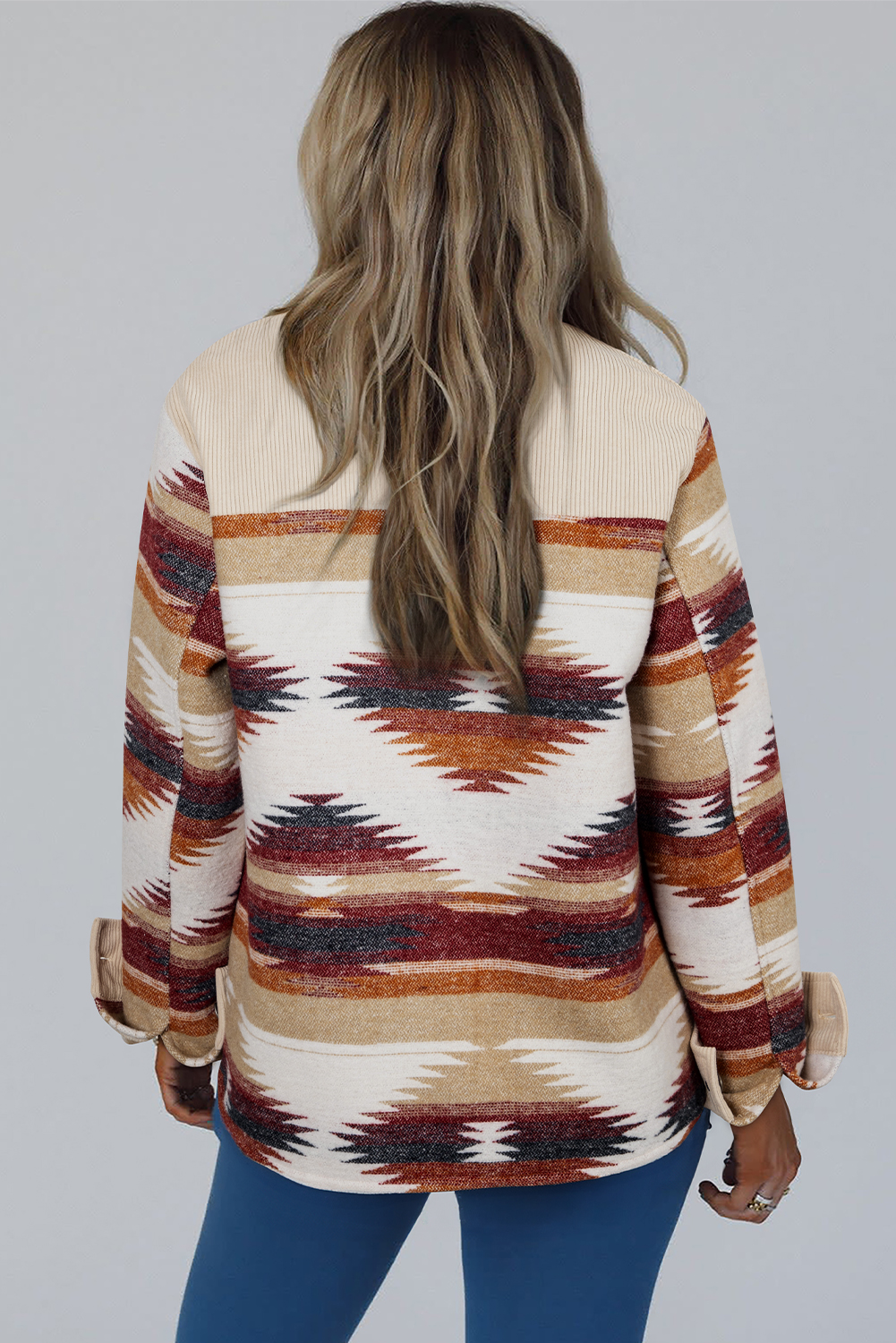 Multicolour Western Aztec Ribbed Patchwork Double Flap Pocket Raw Hem Shacket view 10