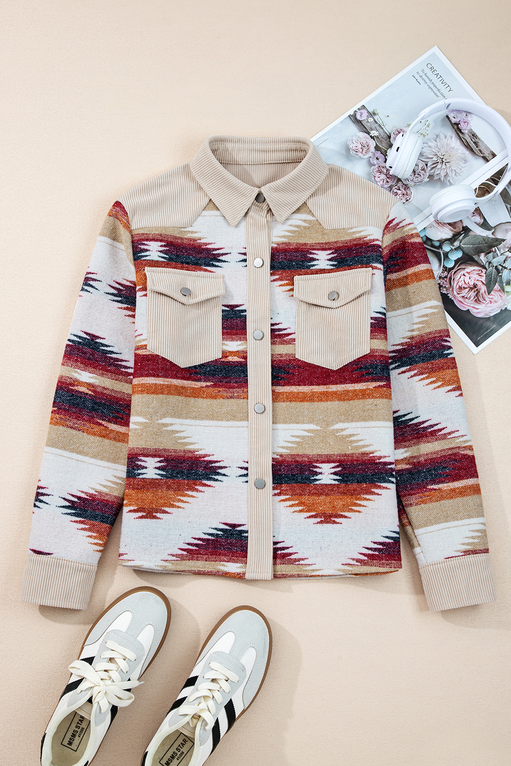 Multicolour Western Aztec Ribbed Patchwork Double Flap Pocket Raw Hem Shacket view 12