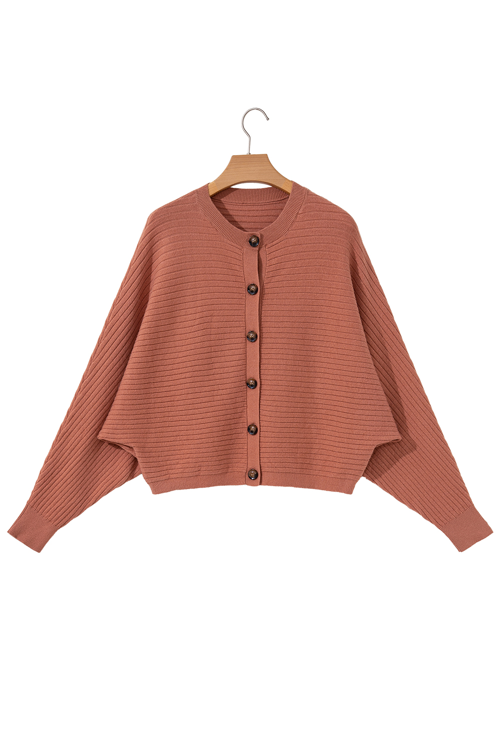 Apricot Pink Wide Rib Knit Button Front Dolman Sleeve Sweater Cardigan view 25