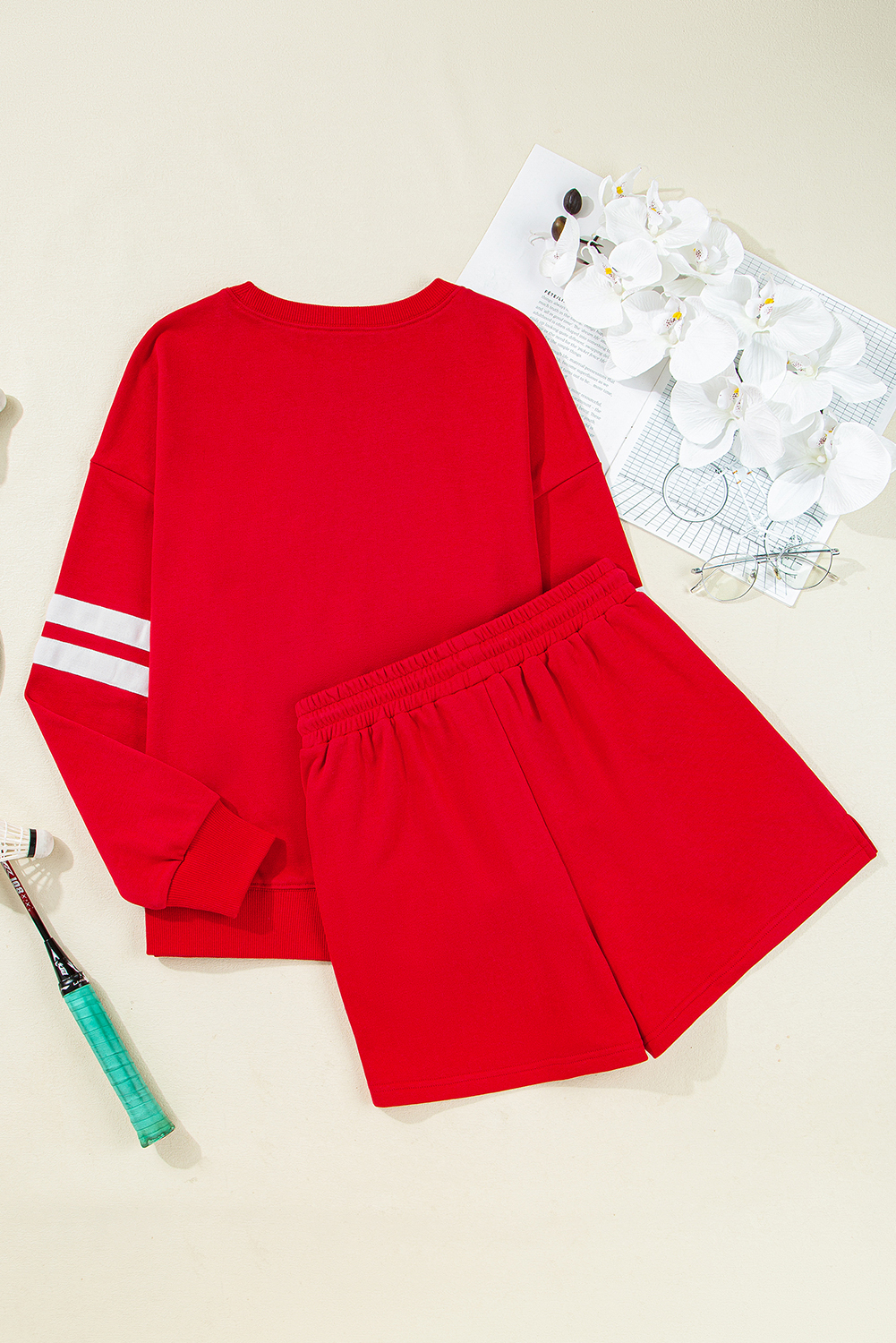 Fiery Red Varsity Striped Sleeve Drop Shoulder Sweatshirt and Short Set view 10