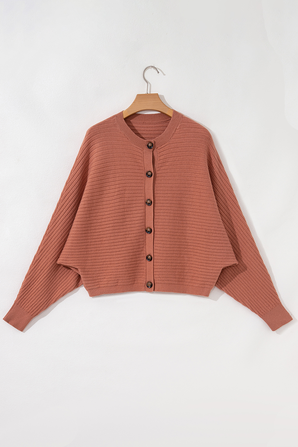 Apricot Pink Wide Rib Knit Button Front Dolman Sleeve Sweater Cardigan view 13