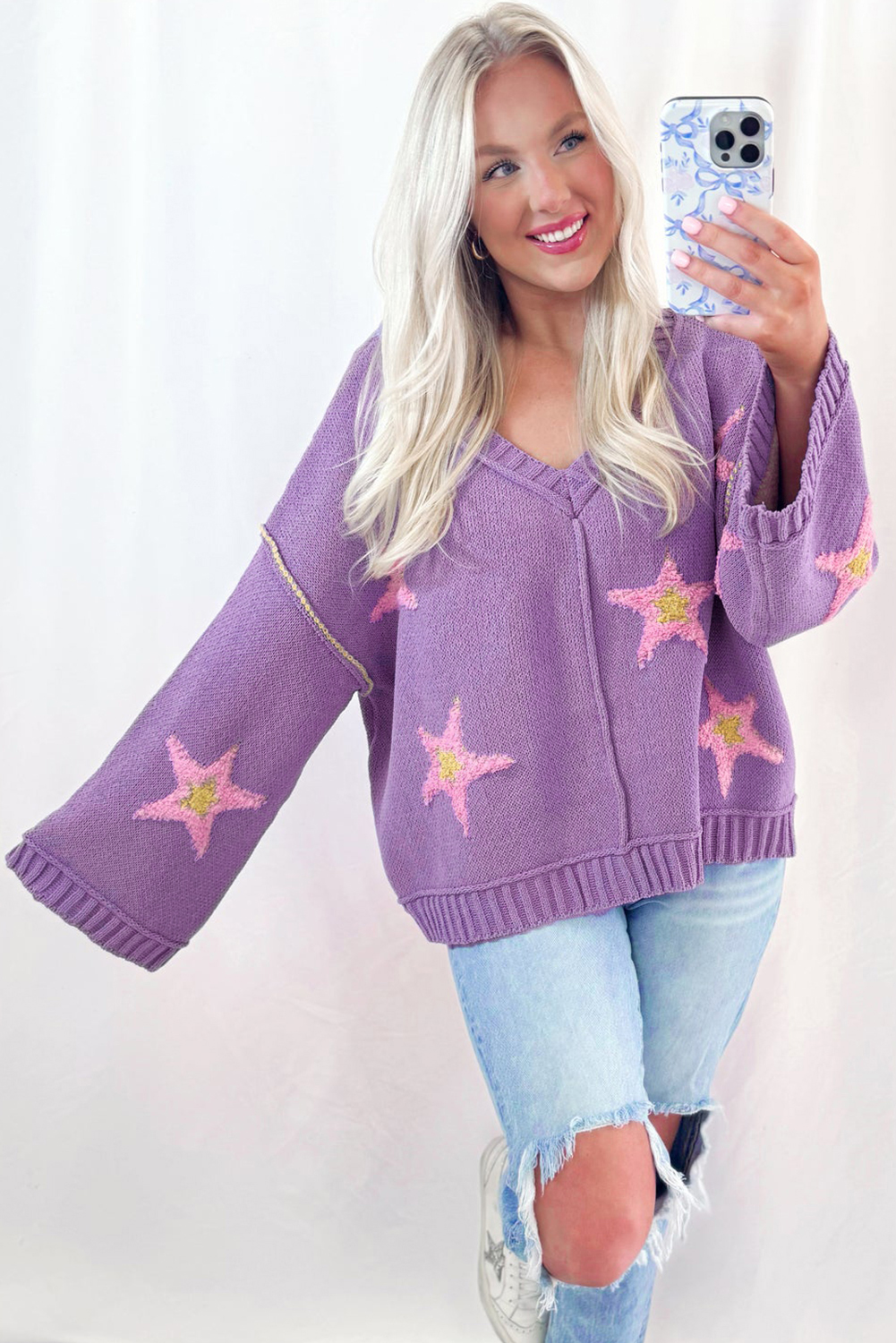 Lavendula Brushed Star Graphic V Neck Drop Shoulder Oversize Sweater view 14