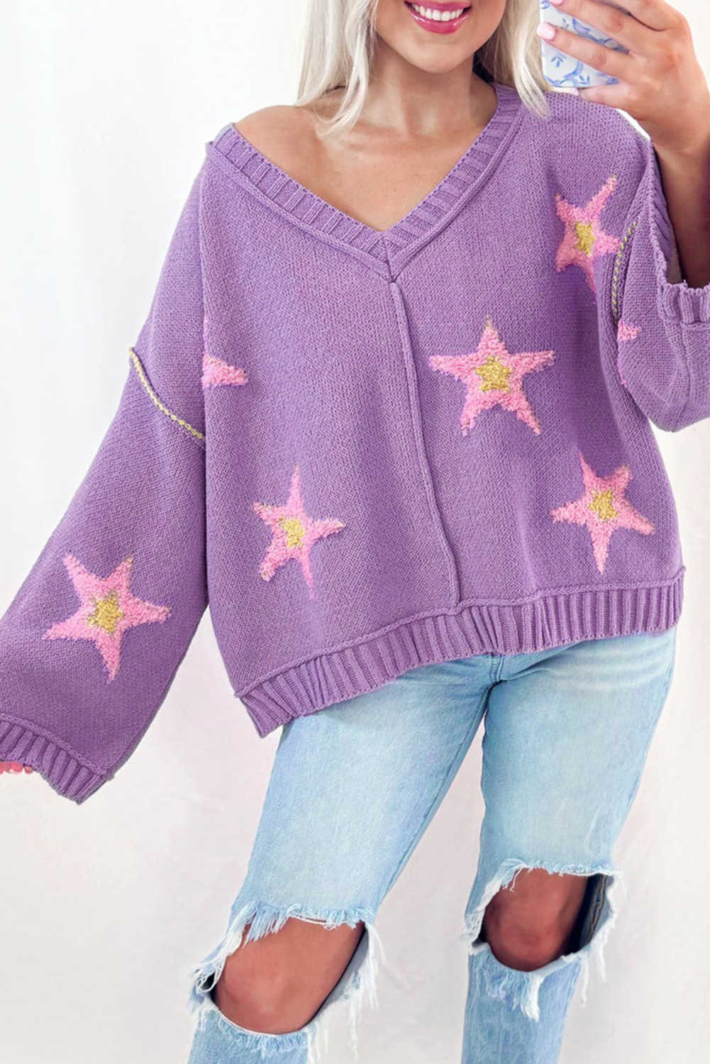 Lavendula Brushed Star Graphic V Neck Drop Shoulder Oversize Sweater view 10