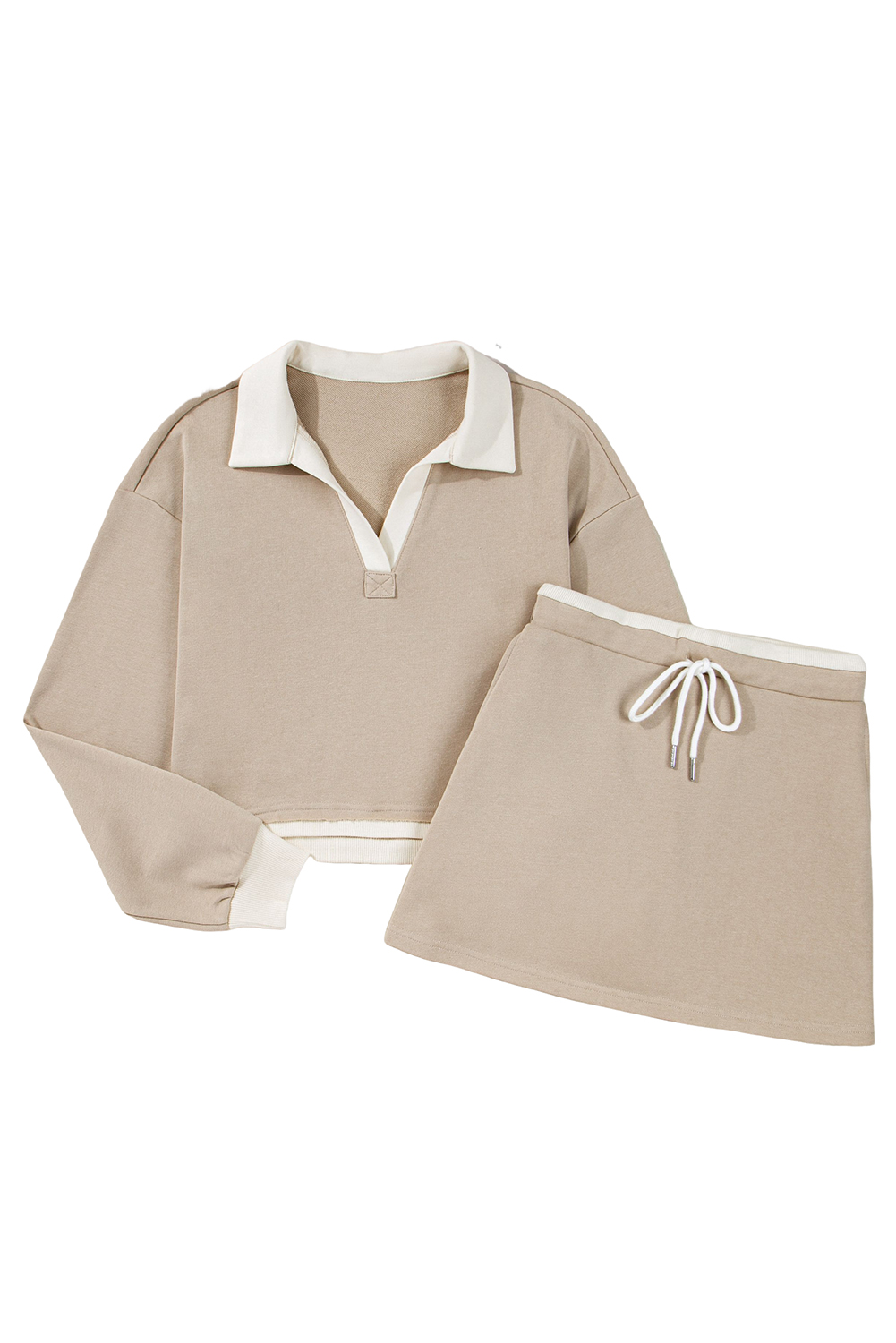 Parchment Raw Edge Detail Colorblock Patchwork Cropped Pullover Drawstring Skirt Set view 28