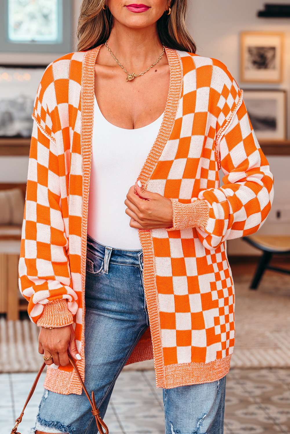 Orange Checkered Open Front Drop Shoulder Cardigan view 7