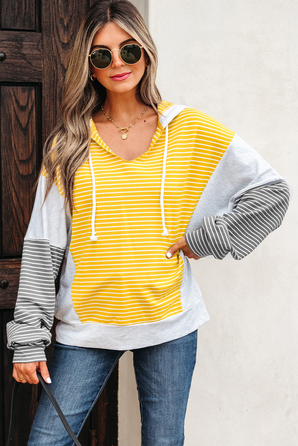 $ 13.7 - Yellow Stripe Color Block Drawstring V Neck Loose Fit Hooded ...