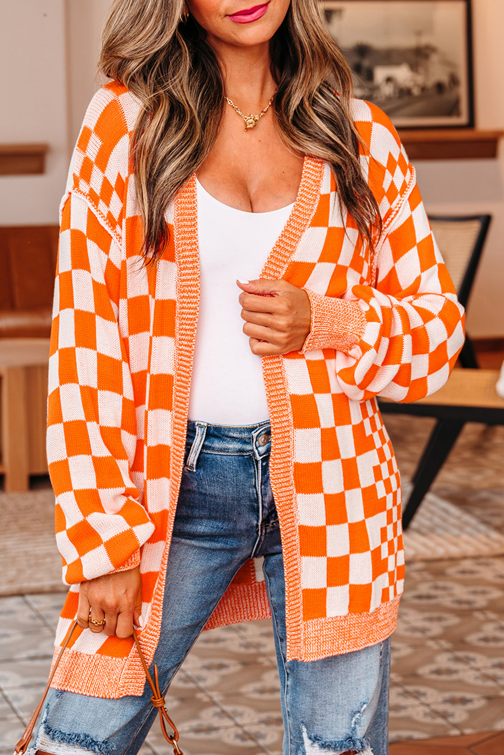 Orange Checkered Open Front Drop Shoulder Cardigan view 6