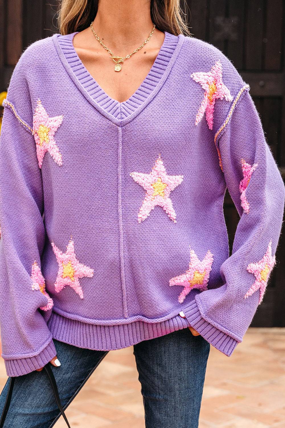 Lavendula Brushed Star Graphic V Neck Drop Shoulder Oversize Sweater view 8