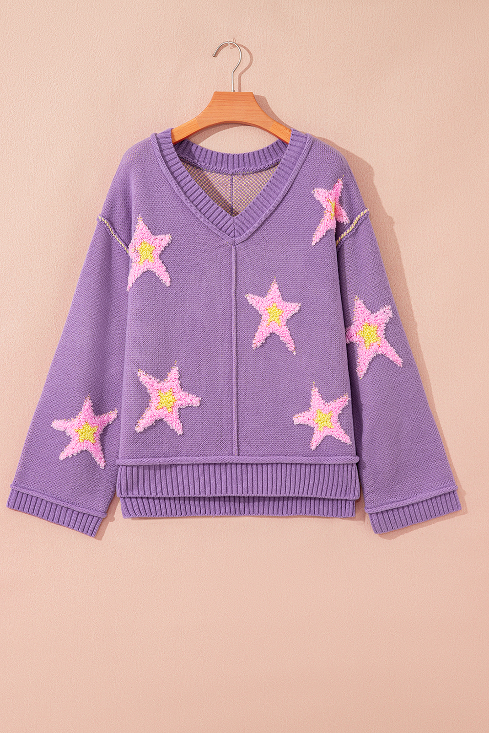 Lavendula Brushed Star Graphic V Neck Drop Shoulder Oversize Sweater view 16