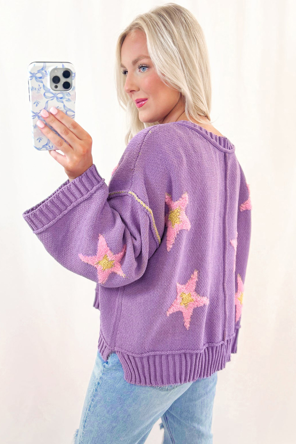 Lavendula Brushed Star Graphic V Neck Drop Shoulder Oversize Sweater view 11