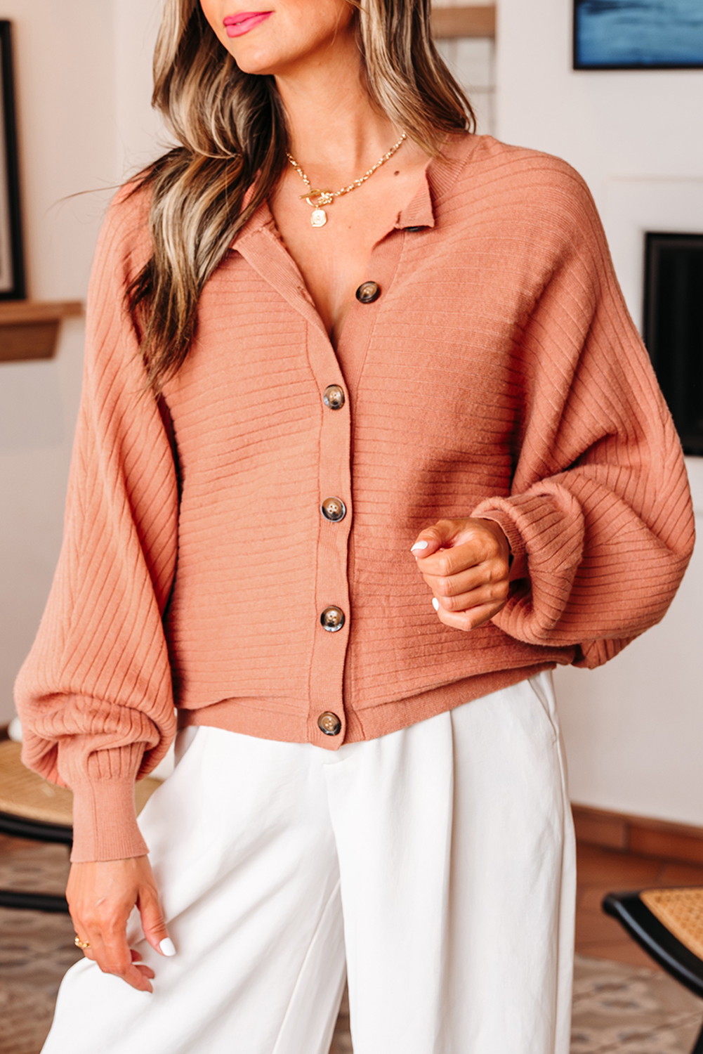 Apricot Pink Wide Rib Knit Button Front Dolman Sleeve Sweater Cardigan view 5