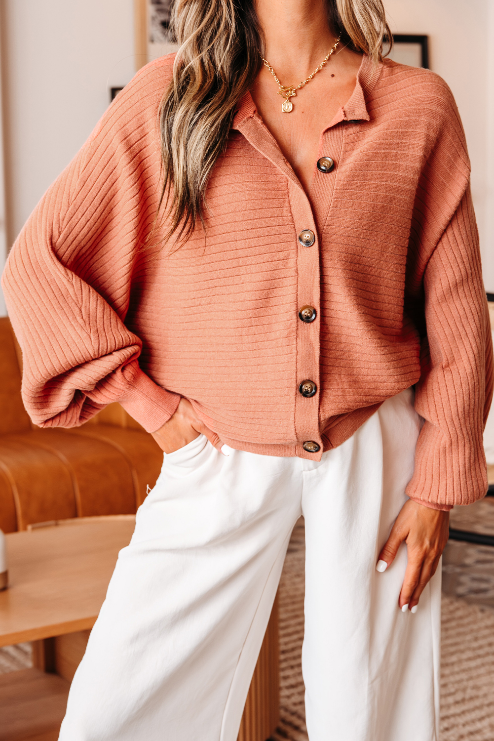 Apricot Pink Wide Rib Knit Button Front Dolman Sleeve Sweater Cardigan view 6