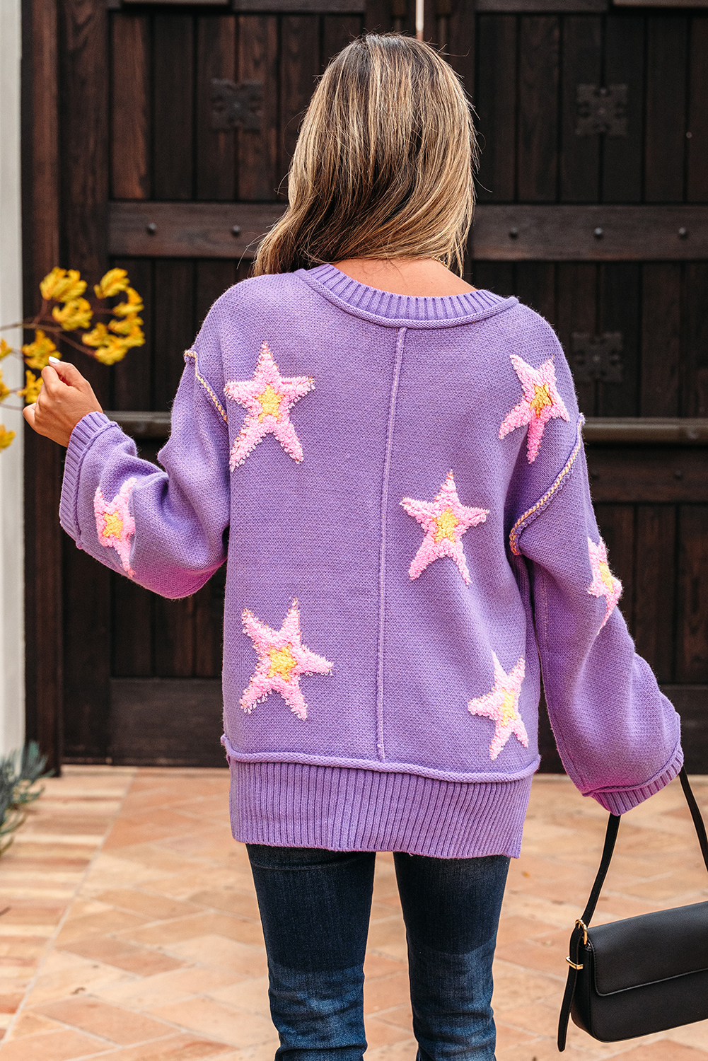 Lavendula Brushed Star Graphic V Neck Drop Shoulder Oversize Sweater view 2