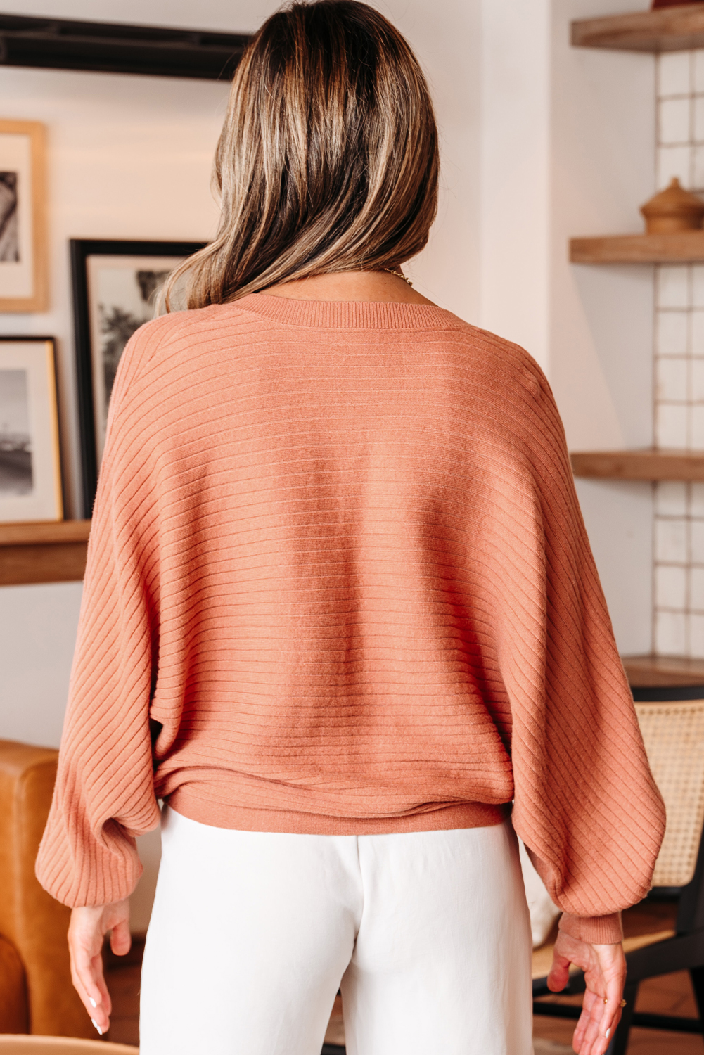 Apricot Pink Wide Rib Knit Button Front Dolman Sleeve Sweater Cardigan view 2