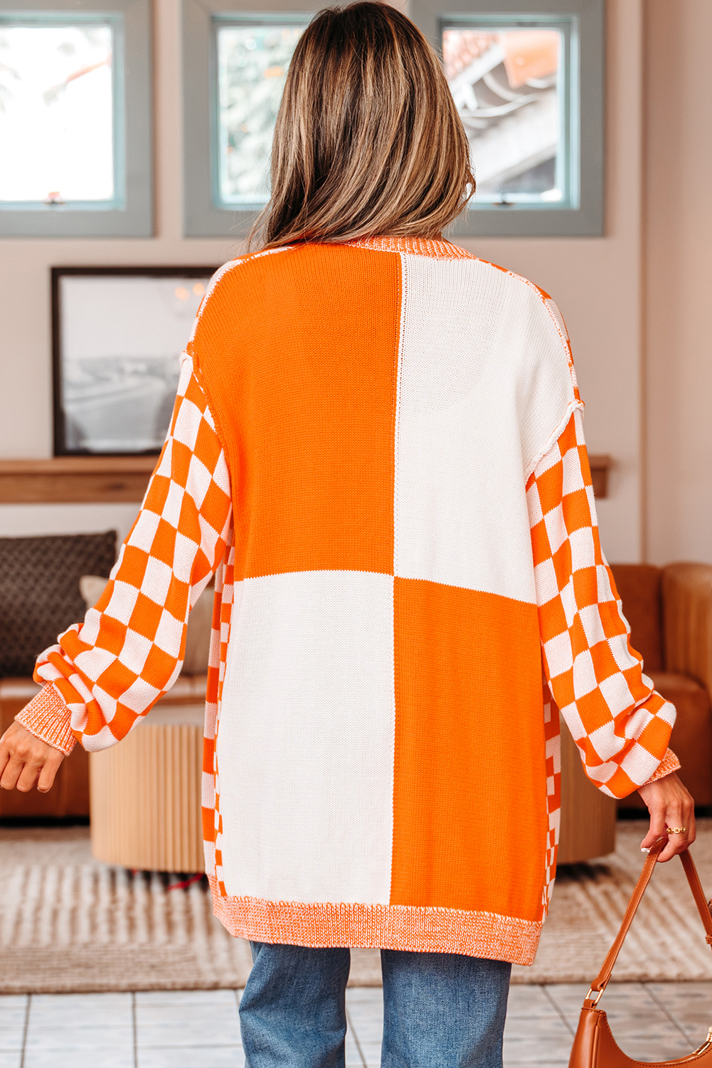 Orange Checkered Open Front Drop Shoulder Cardigan view 2